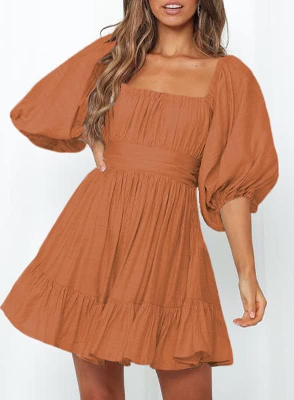 Women Summer Dresses Tie Back Lantern Sleeve Ruffle A-Line Casual Dress