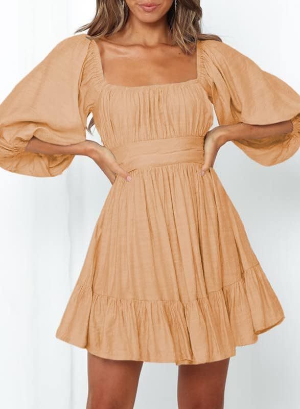 Women Summer Dresses Tie Back Lantern Sleeve Ruffle A-Line Casual Dress