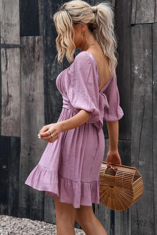 Women Summer Dresses Tie Back Lantern Sleeve Ruffle A-Line Casual Dress