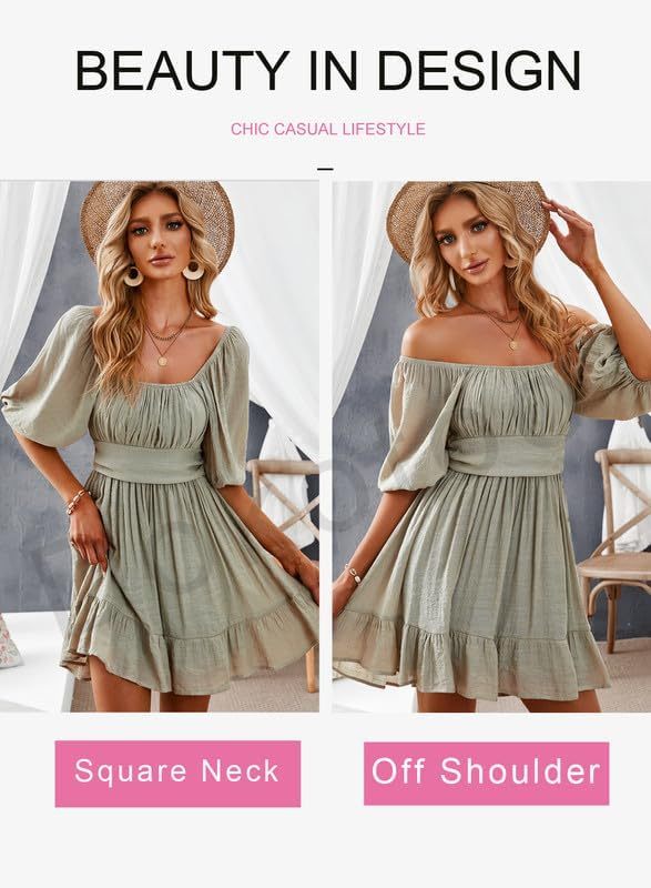 Women Summer Dresses Tie Back Lantern Sleeve Ruffle A-Line Casual Dress