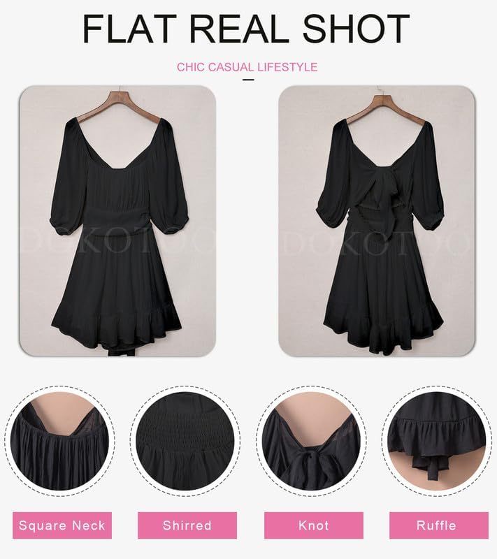 Women Summer Dresses Tie Back Lantern Sleeve Ruffle A-Line Casual Dress