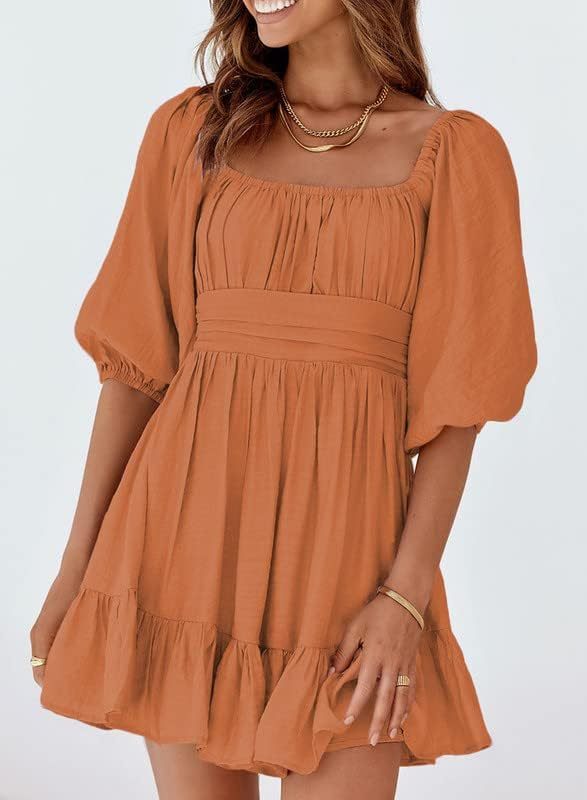 Women Summer Dresses Tie Back Lantern Sleeve Ruffle A-Line Casual Dress