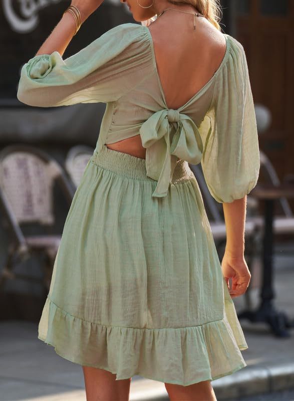 Women Summer Dresses Tie Back Lantern Sleeve Ruffle A-Line Casual Dress