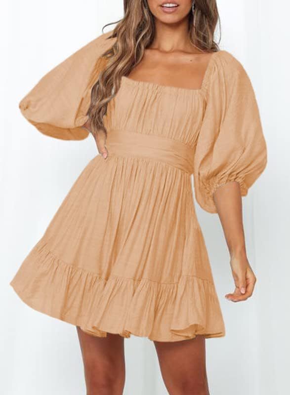 Women Summer Dresses Tie Back Lantern Sleeve Ruffle A-Line Casual Dress