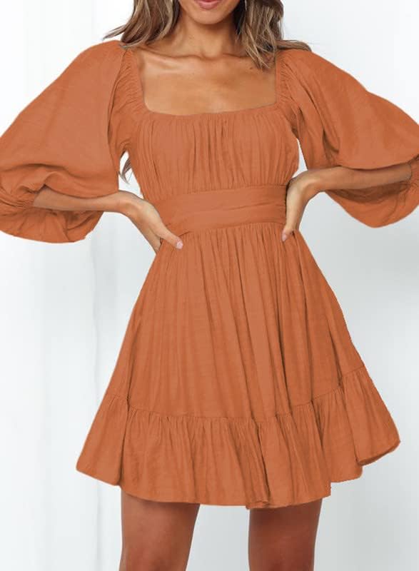 Women Summer Dresses Tie Back Lantern Sleeve Ruffle A-Line Casual Dress