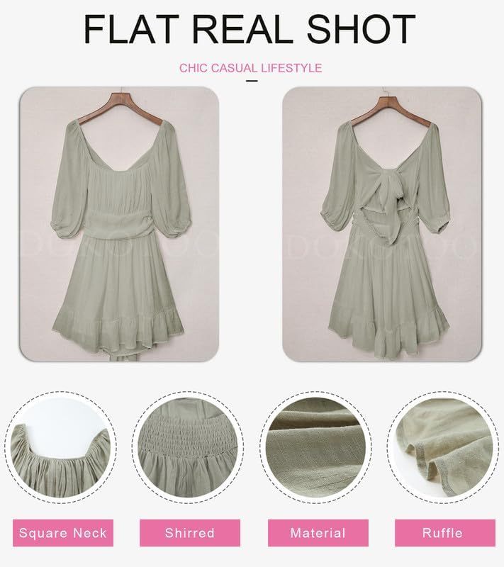 Women Summer Dresses Tie Back Lantern Sleeve Ruffle A-Line Casual Dress