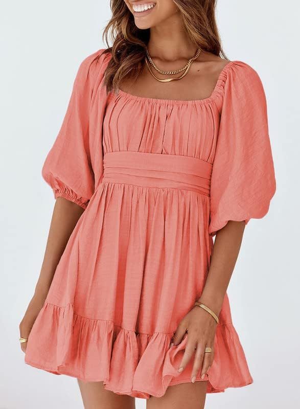 Women Summer Dresses Tie Back Lantern Sleeve Ruffle A-Line Casual Dress