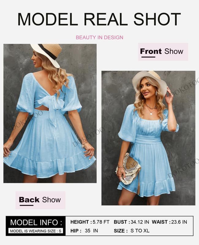 Women Summer Dresses Tie Back Lantern Sleeve Ruffle A-Line Casual Dress