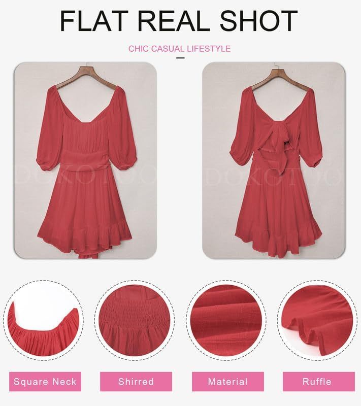 Women Summer Dresses Tie Back Lantern Sleeve Ruffle A-Line Casual Dress