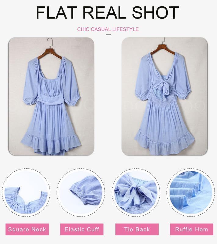 Women Summer Dresses Tie Back Lantern Sleeve Ruffle A-Line Casual Dress