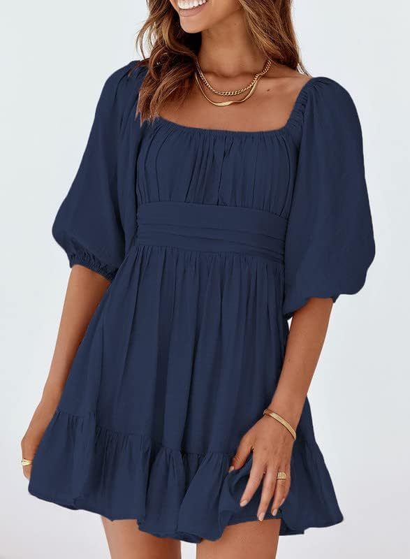 Women Summer Dresses Tie Back Lantern Sleeve Ruffle A-Line Casual Dress