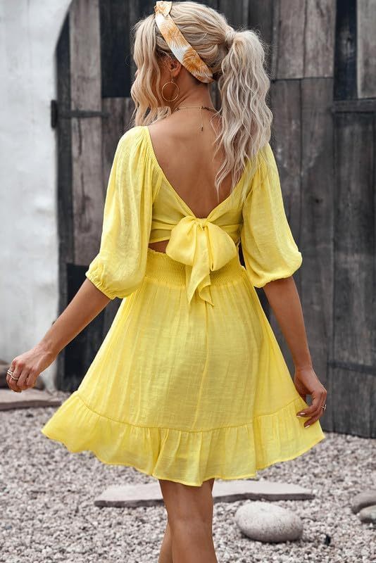 Women Summer Dresses Tie Back Lantern Sleeve Ruffle A-Line Casual Dress