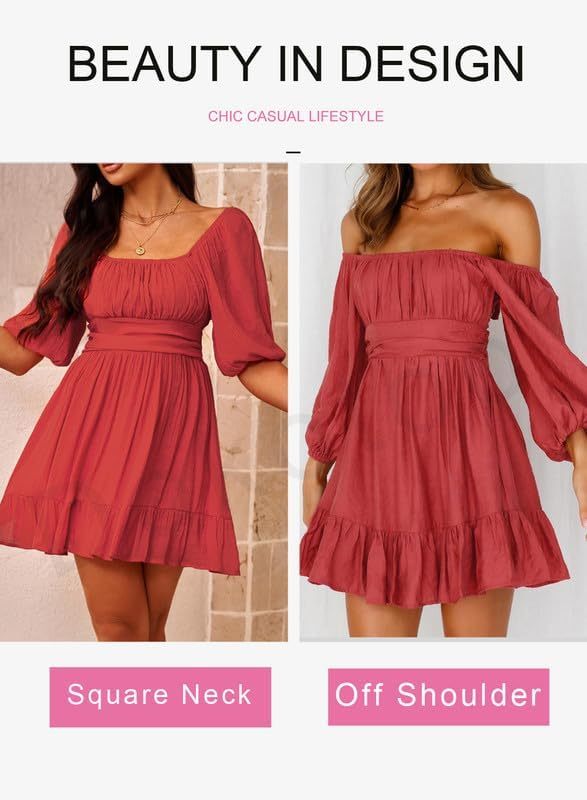 Women Summer Dresses Tie Back Lantern Sleeve Ruffle A-Line Casual Dress