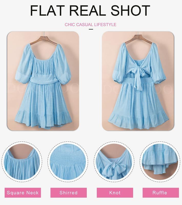 Women Summer Dresses Tie Back Lantern Sleeve Ruffle A-Line Casual Dress