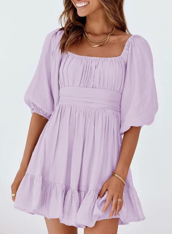 Women Summer Dresses Tie Back Lantern Sleeve Ruffle A-Line Casual Dress