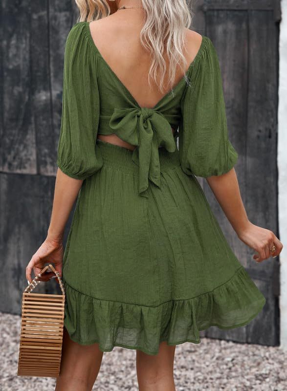 Women Summer Dresses Tie Back Lantern Sleeve Ruffle A-Line Casual Dress