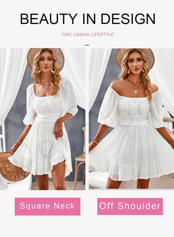 Women Summer Dresses Tie Back Lantern Sleeve Ruffle A-Line Casual Dress