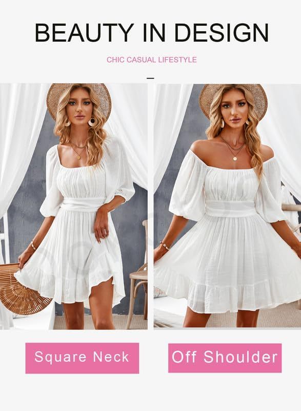 Women Summer Dresses Tie Back Lantern Sleeve Ruffle A-Line Casual Dress
