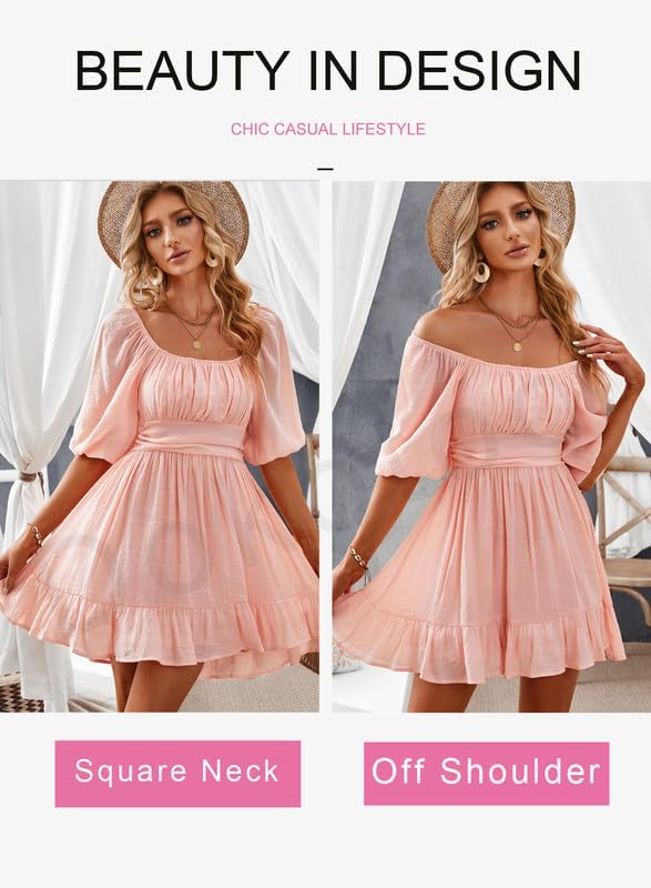Women Summer Dresses Tie Back Lantern Sleeve Ruffle A-Line Casual Dress