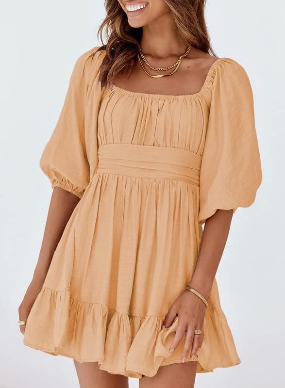 Women Summer Dresses Tie Back Lantern Sleeve Ruffle A-Line Casual Dress