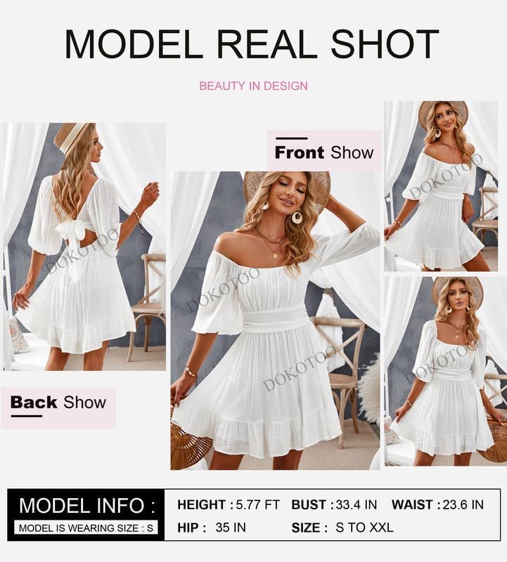 Women Summer Dresses Tie Back Lantern Sleeve Ruffle A-Line Casual Dress