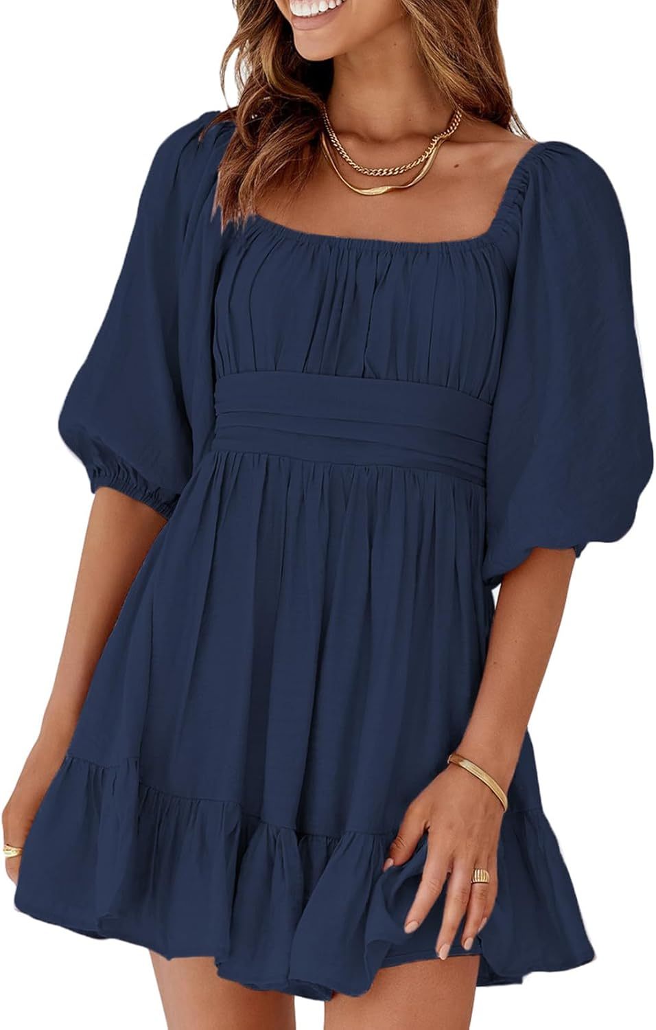 Women Summer Dresses Tie Back Lantern Sleeve Ruffle A-Line Casual Dress