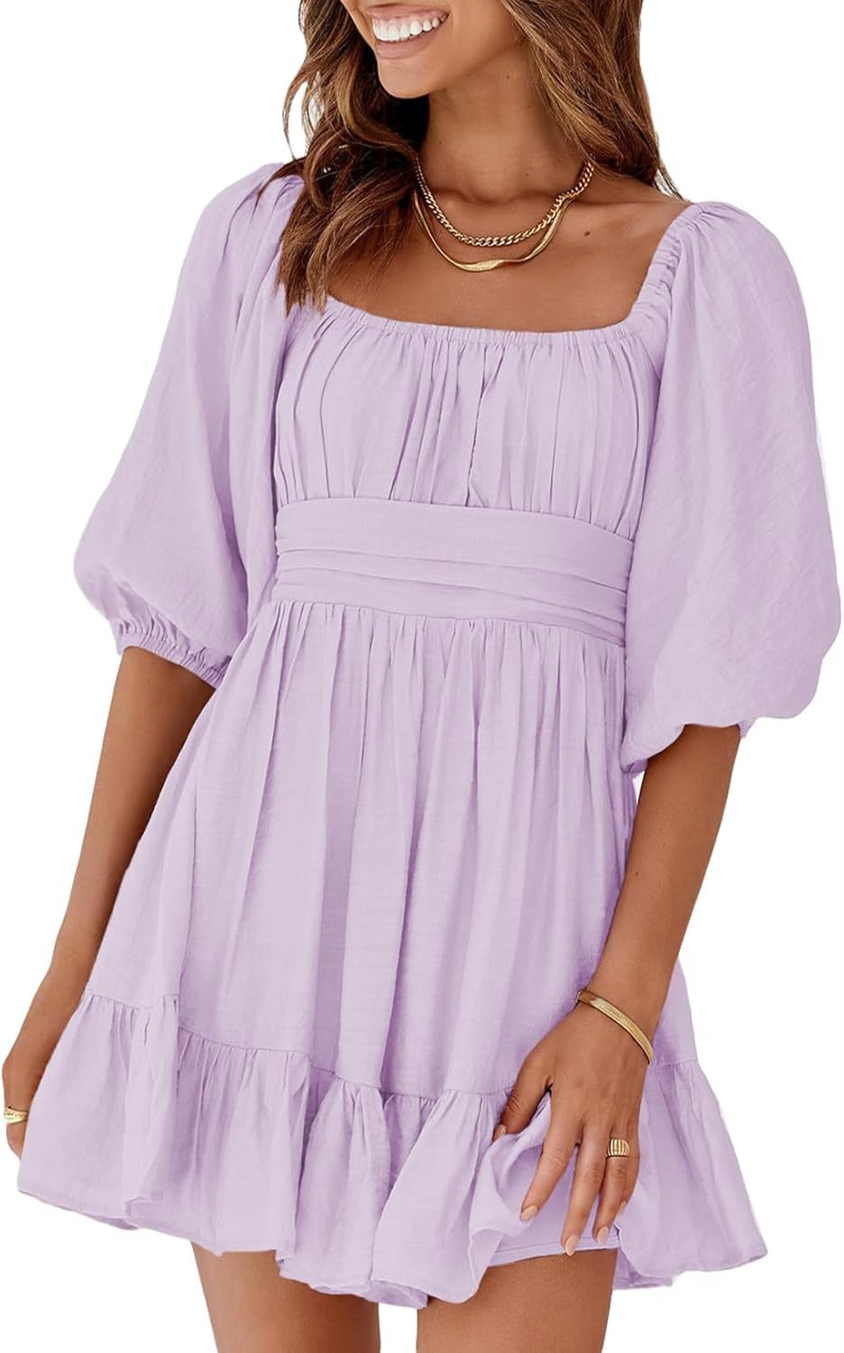 Women Summer Dresses Tie Back Lantern Sleeve Ruffle A-Line Casual Dress