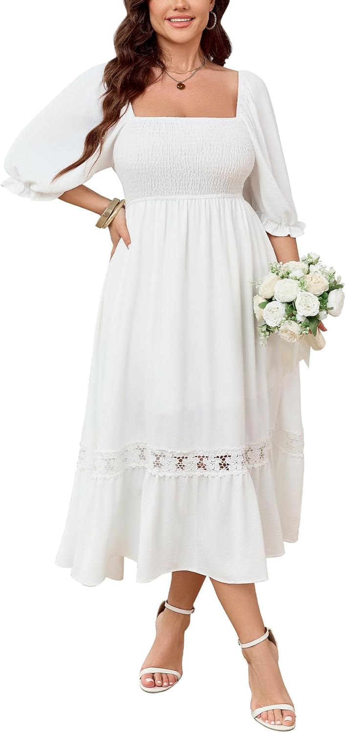 Cexunke Women's Plus Size Maxi Dress Short Sleeve Square Neck Smocked Flowy A-Line Lace Trim Boho Wedding Guest Dresses