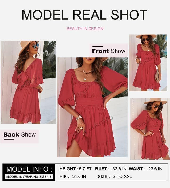 Women Summer Dresses Tie Back Lantern Sleeve Ruffle A-Line Casual Dress