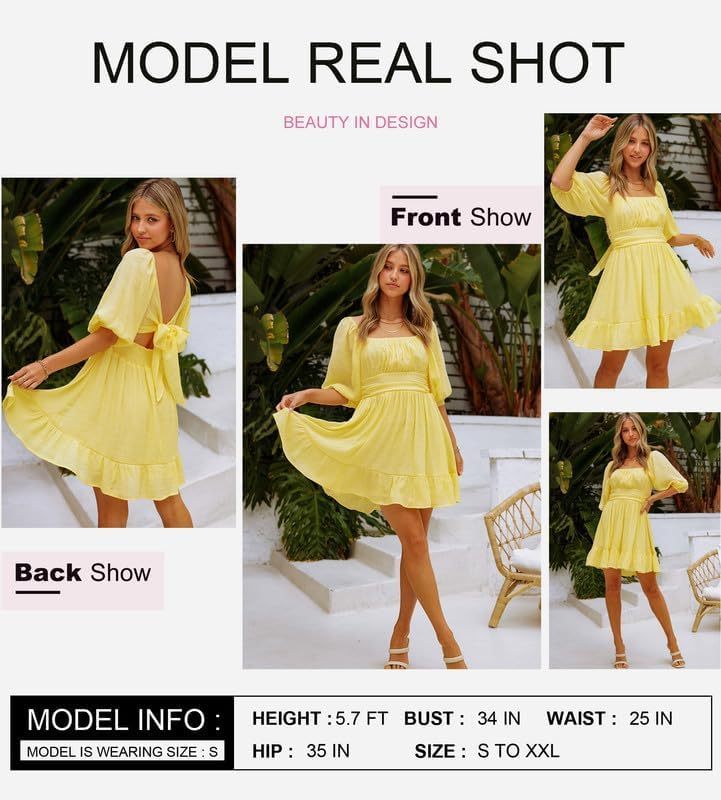 Women Summer Dresses Tie Back Lantern Sleeve Ruffle A-Line Casual Dress