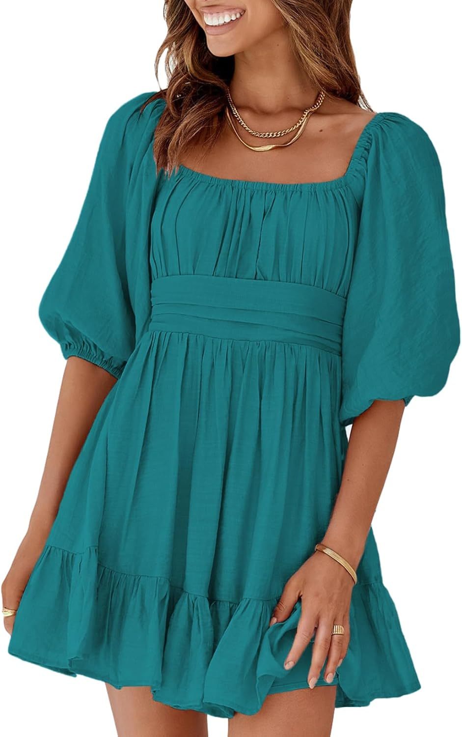 Women Summer Dresses Tie Back Lantern Sleeve Ruffle A-Line Casual Dress