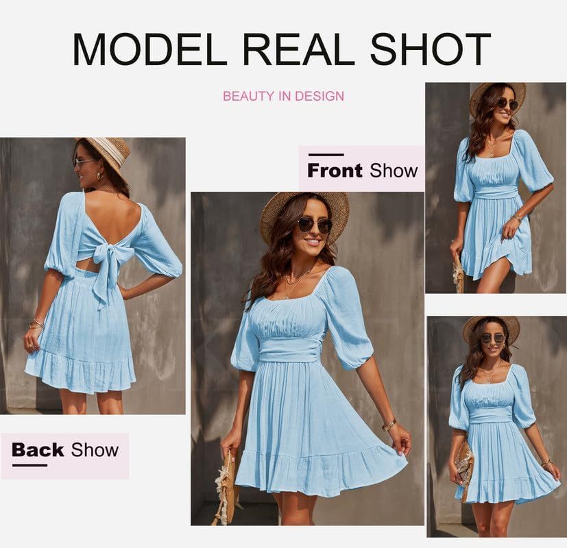 Women Summer Dresses Tie Back Lantern Sleeve Ruffle A-Line Casual Dress