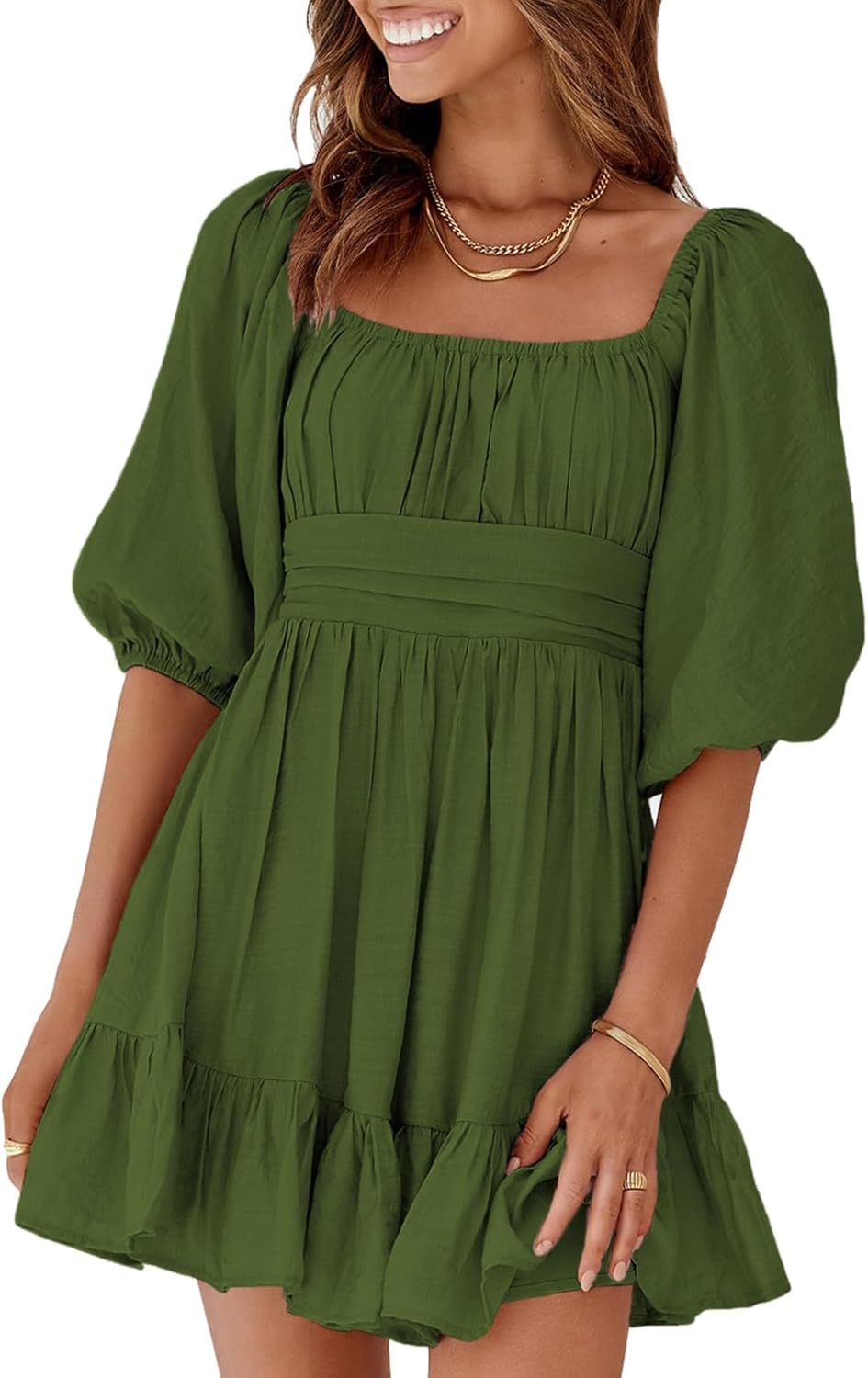 Women Summer Dresses Tie Back Lantern Sleeve Ruffle A-Line Casual Dress