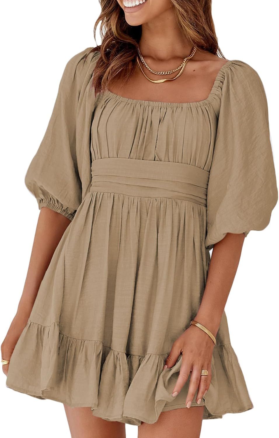 Women Summer Dresses Tie Back Lantern Sleeve Ruffle A-Line Casual Dress