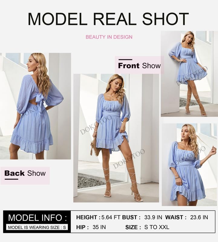 Women Summer Dresses Tie Back Lantern Sleeve Ruffle A-Line Casual Dress