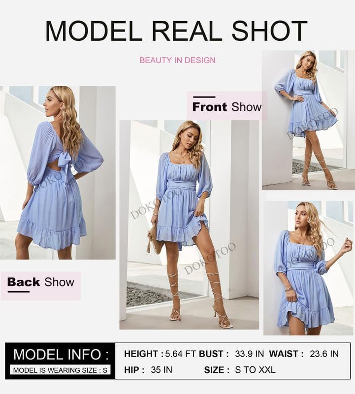 Women Summer Dresses Tie Back Lantern Sleeve Ruffle A-Line Casual Dress