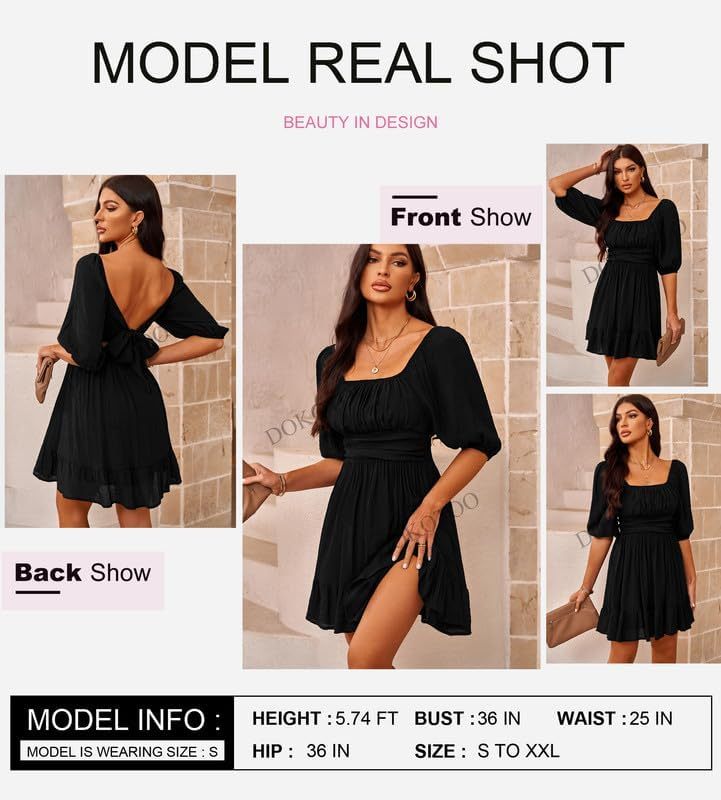Women Summer Dresses Tie Back Lantern Sleeve Ruffle A-Line Casual Dress