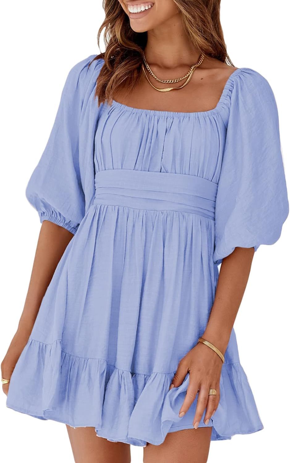Women Summer Dresses Tie Back Lantern Sleeve Ruffle A-Line Casual Dress