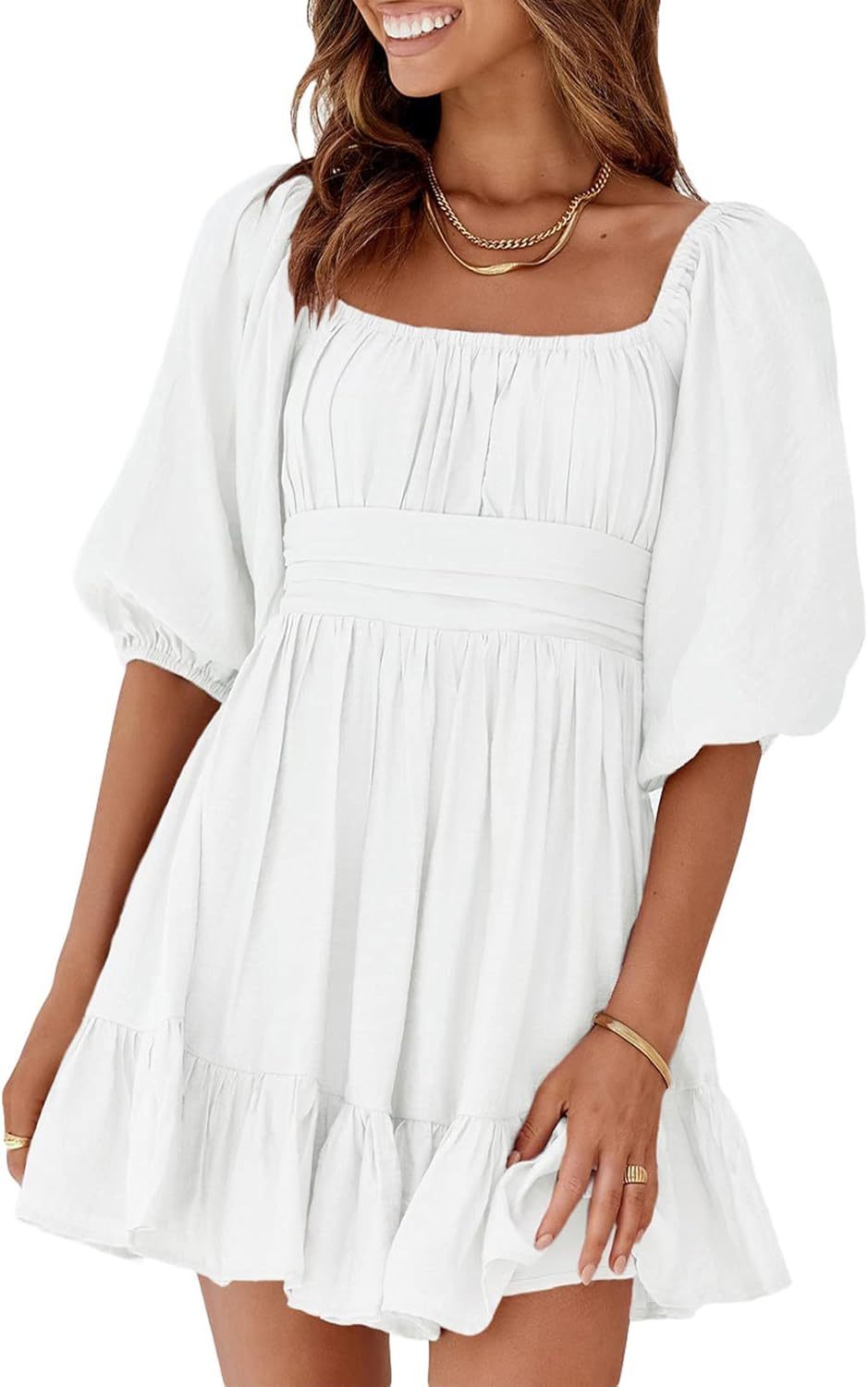 Women Summer Dresses Tie Back Lantern Sleeve Ruffle A-Line Casual Dress