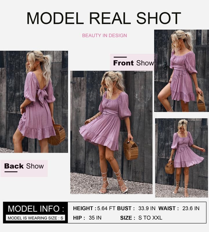 Women Summer Dresses Tie Back Lantern Sleeve Ruffle A-Line Casual Dress