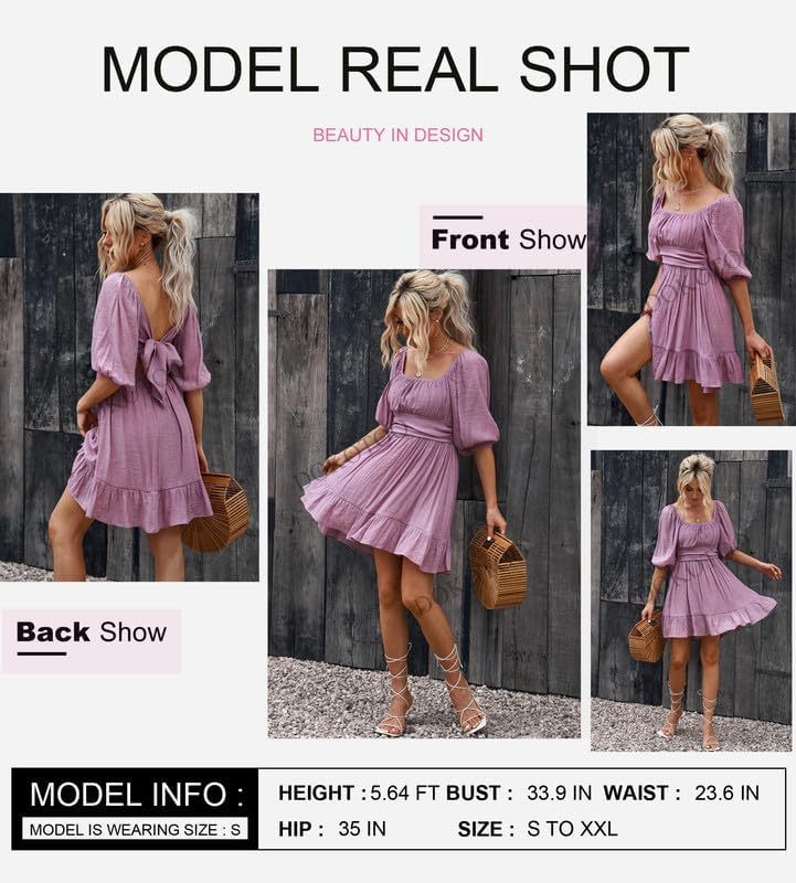 Women Summer Dresses Tie Back Lantern Sleeve Ruffle A-Line Casual Dress