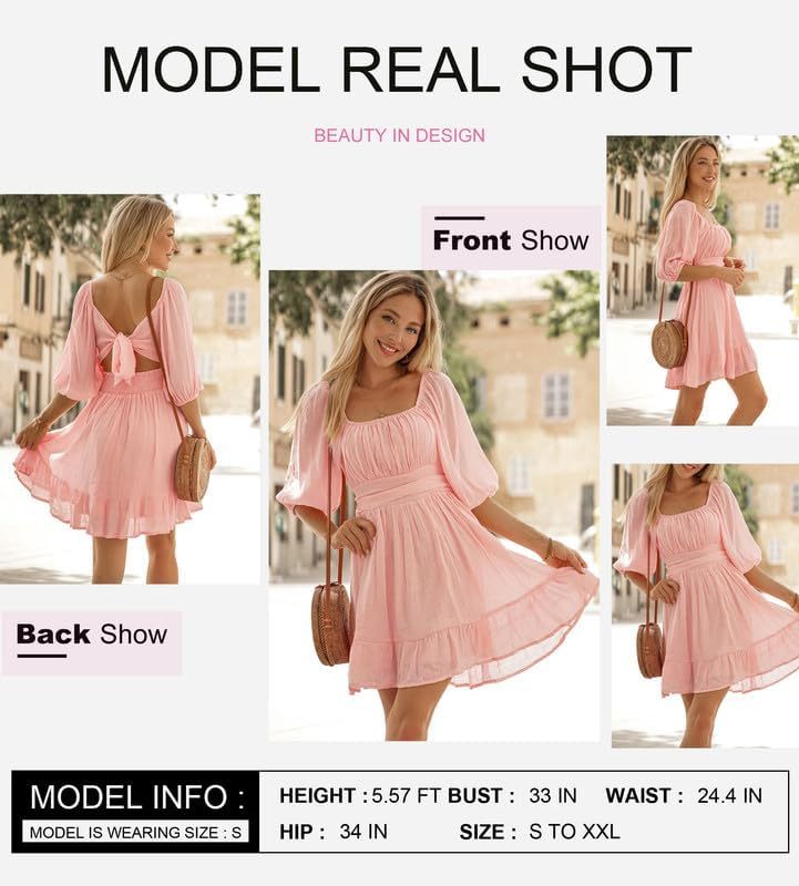 Women Summer Dresses Tie Back Lantern Sleeve Ruffle A-Line Casual Dress