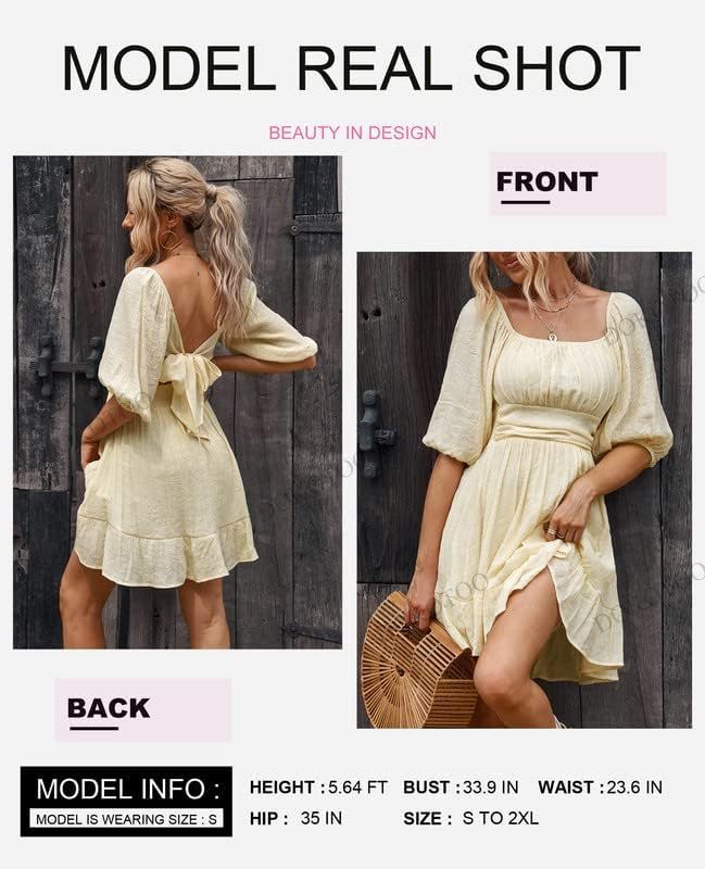 Women Summer Dresses Tie Back Lantern Sleeve Ruffle A-Line Casual Dress