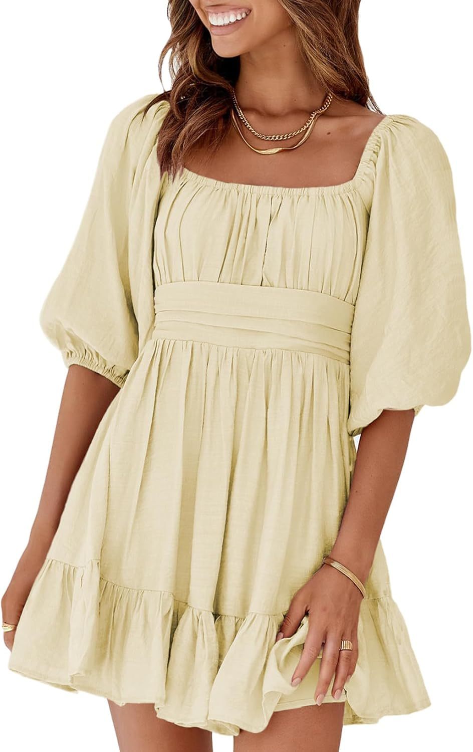 Women Summer Dresses Tie Back Lantern Sleeve Ruffle A-Line Casual Dress