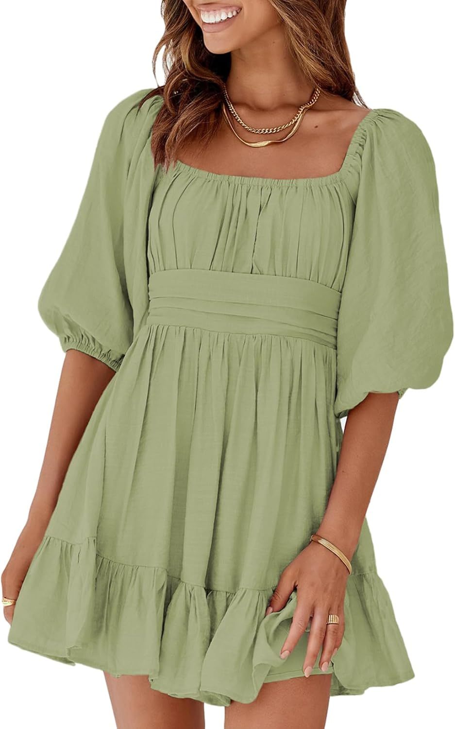 Women Summer Dresses Tie Back Lantern Sleeve Ruffle A-Line Casual Dress