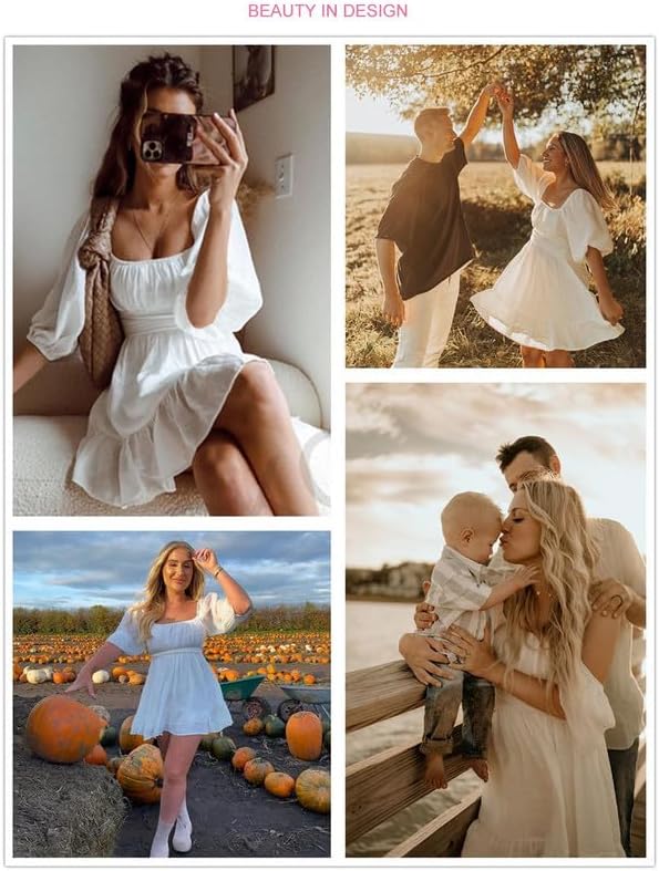 Women Summer Dresses Tie Back Lantern Sleeve Ruffle A-Line Casual Dress