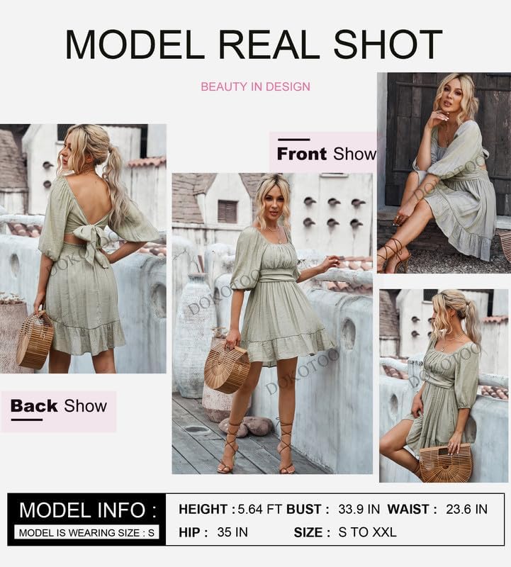 Women Summer Dresses Tie Back Lantern Sleeve Ruffle A-Line Casual Dress