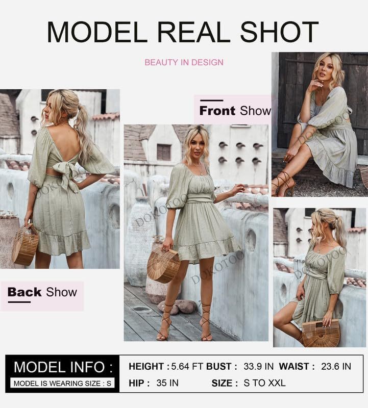 Women Summer Dresses Tie Back Lantern Sleeve Ruffle A-Line Casual Dress