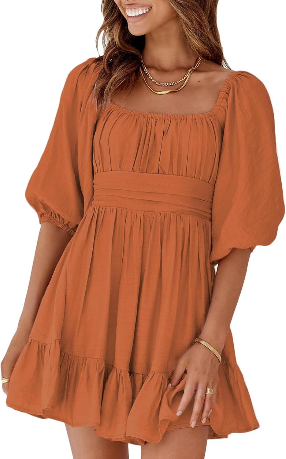 Women Summer Dresses Tie Back Lantern Sleeve Ruffle A-Line Casual Dress