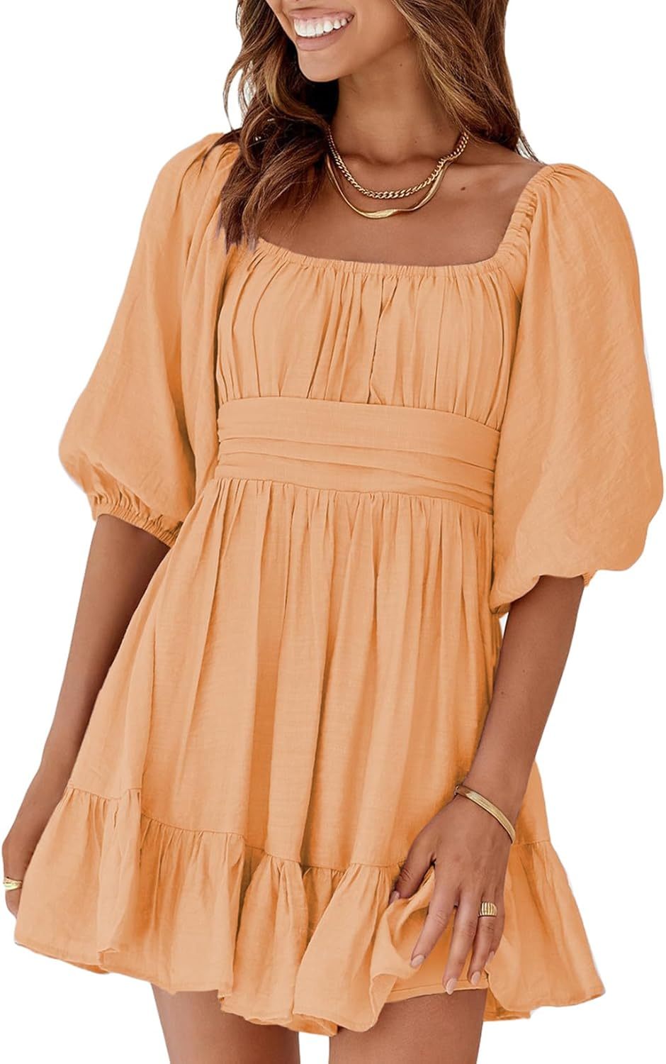 Women Summer Dresses Tie Back Lantern Sleeve Ruffle A-Line Casual Dress